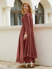 Robe de A-ligne à Col en Bijou Longueur de Mollet en Mousseline Terracotta
