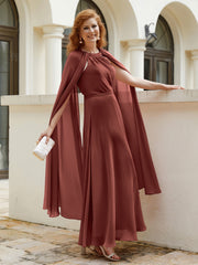 Robe de A-ligne à Col en Bijou Longueur de Mollet en Mousseline Terracotta Grande Taille