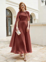 Robe de A-ligne à Col en Bijou Longueur de Mollet en Mousseline Terracotta
