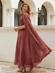 Robe de A-ligne à Col en Bijou Longueur de Mollet en Mousseline Terracotta
