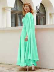 Robe de A-ligne à Col en Bijou Longueur de Mollet en Mousseline Turquoise