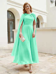 Robe de A-ligne à Col en Bijou Longueur de Mollet en Mousseline Turquoise Grande Taille