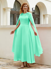 Robe de A-ligne à Col en Bijou Longueur de Mollet en Mousseline Turquoise Grande Taille
