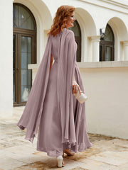 Robe de A-ligne à Col en Bijou Longueur de Mollet en Mousseline Vintage Mauve Grande Taille