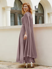 Robe de A-ligne à Col en Bijou Longueur de Mollet en Mousseline Vintage Mauve Grande Taille