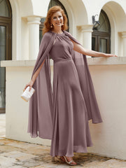 Robe de A-ligne à Col en Bijou Longueur de Mollet en Mousseline Vintage Mauve Grande Taille