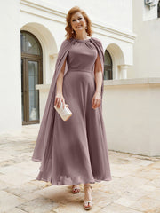 Robe de A-ligne à Col en Bijou Longueur de Mollet en Mousseline Vintage Mauve Grande Taille