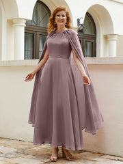 Robe de A-ligne à Col en Bijou Longueur de Mollet en Mousseline Vintage Mauve
