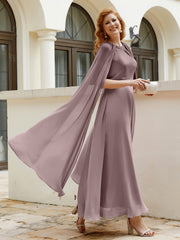 Robe de A-ligne à Col en Bijou Longueur de Mollet en Mousseline Vintage Mauve Grande Taille