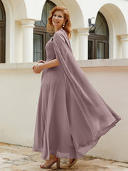 Robe de A-ligne à Col en Bijou Longueur de Mollet en Mousseline Vintage Mauve