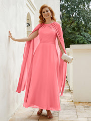 Robe de A-ligne à Col en Bijou Longueur de Mollet en Mousseline Pastèque Grande Taille