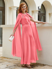 Robe de A-ligne à Col en Bijou Longueur de Mollet en Mousseline Pastèque Grande Taille