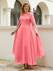 Robe de A-ligne à Col en Bijou Longueur de Mollet en Mousseline Pastèque Grande Taille