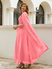 Robe de A-ligne à Col en Bijou Longueur de Mollet en Mousseline Pastèque Grande Taille