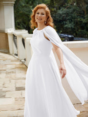 Robe de A-ligne à Col en Bijou Longueur de Mollet en Mousseline Blanc