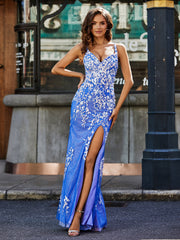 Robe en Tulle à Bretelles Spaghetti avec Fente Haute Bleu Royale Grande Taille