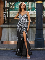 Robe en Tulle à Bretelles Spaghetti avec Fente Haute Noir