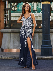 Robe en Tulle à Bretelles Spaghetti avec Fente Haute Bleu Marine Grande Taille