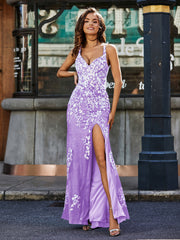 Robe en Tulle à Bretelles Spaghetti avec Fente Haute Lilas Grande Taille