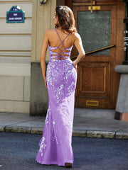Robe en Tulle à Bretelles Spaghetti avec Fente Haute Lilas Grande Taille