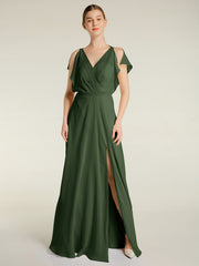 Encolure En V Mousseline Maxi Robes Avec Fente Olive Verte
