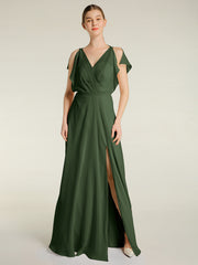 Encolure En V Mousseline Maxi Robes Avec Fente Olive Verte Grande Taille