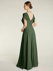 Encolure En V Mousseline Maxi Robes Avec Fente Olive Verte Grande Taille