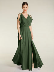 Encolure En V Mousseline Maxi Robes Avec Fente Olive Verte