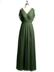 Encolure En V Mousseline Maxi Robes Avec Fente Olive Verte