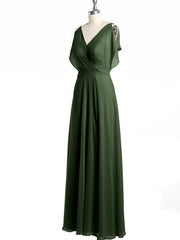 Encolure En V Mousseline Maxi Robes Avec Fente Olive Verte