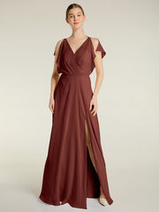 Encolure En V Mousseline Maxi Robes Avec Fente terracotta
