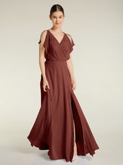 Encolure En V Mousseline Maxi Robes Avec Fente terracotta Grande Taille