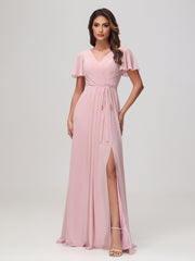 Robe en Mousseline Froncée à Manches Flottantes avec Ceinture Rose Poudré