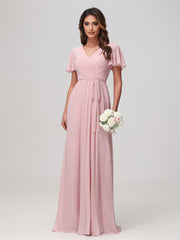 Robe en Mousseline Froncée à Manches Flottantes avec Ceinture Rose Poudré