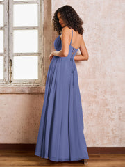 Robe en Mousseline à Col en Cœur avec Bretelles Spaghetti Croisées dans le Dos Pervenche