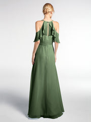 Robe Empire à Bretelles Spaghetti à Manches Volants-Bordés Olive Verte