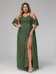 Robe Empire à Bretelles Spaghetti à Manches Volants-Bordés Olive Verte Grande Taille
