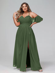 Robe Empire à Bretelles Spaghetti à Manches Volants-Bordés Olive Verte Grande Taille