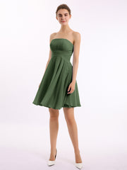 Robe Demoiselle d'honneur Sans Bretelles Mousseline Longueur de Genou Olive Verte