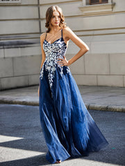 Maxi Robe Appliquée en Dentelle à Col en Cœur Bleu Marine Grande Taille