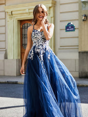 Maxi Robe Appliquée en Dentelle à Col en Cœur Bleu Marine