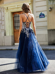 Maxi Robe Appliquée en Dentelle à Col en Cœur Bleu Marine Grande Taille