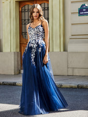 Maxi Robe Appliquée en Dentelle à Col en Cœur Bleu Marine