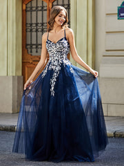 Maxi Robe Appliquée en Dentelle à Col en Cœur Bleu Marine