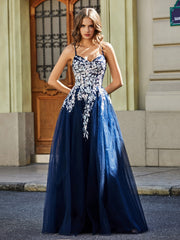 Maxi Robe Appliquée en Dentelle à Col en Cœur Bleu Marine