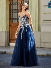 Maxi Robe Appliquée en Dentelle à Col en Cœur Bleu Marine