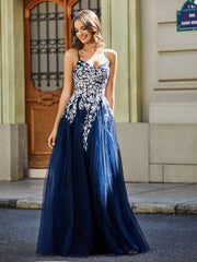 Maxi Robe Appliquée en Dentelle à Col en Cœur Bleu Marine