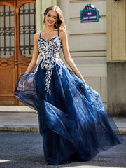 Maxi Robe Appliquée en Dentelle à Col en Cœur Bleu Marine