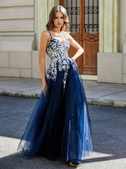 Maxi Robe Appliquée en Dentelle à Col en Cœur Bleu Marine