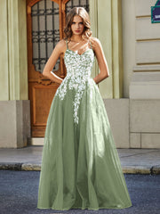 Maxi Robe Appliquée en Dentelle à Col en Cœur Sauge Poudrée
